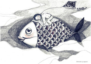 illustration_enfant_décoration_noir_blanc_poisson_fille_dodo_atelier_lousparel