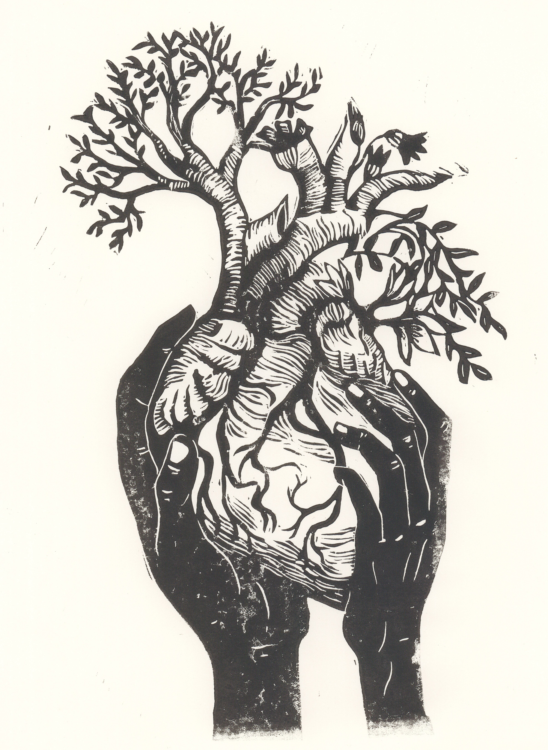 Linogravure , mains et coeur  A4