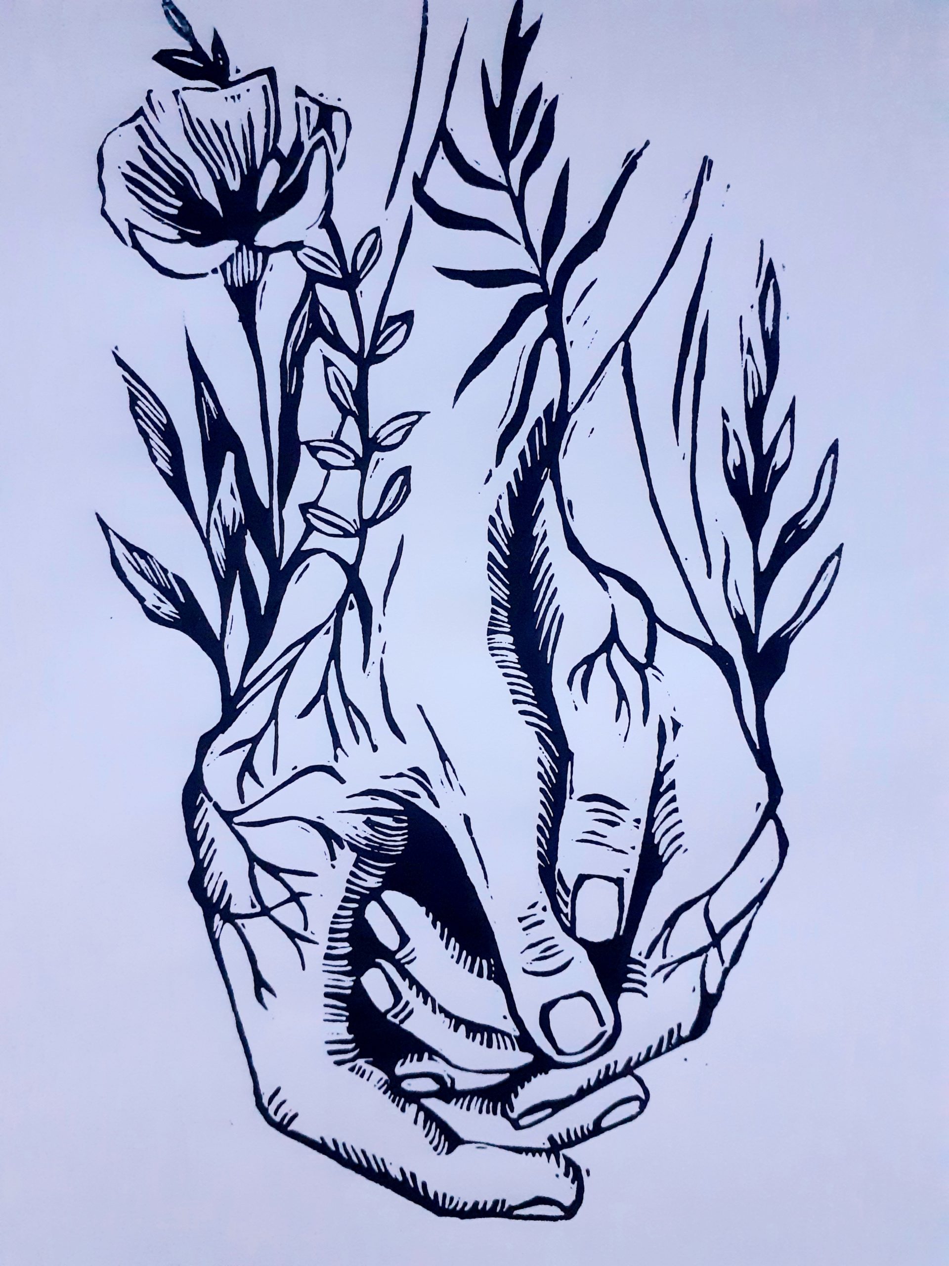 Linogravure , mains et fleurs A4