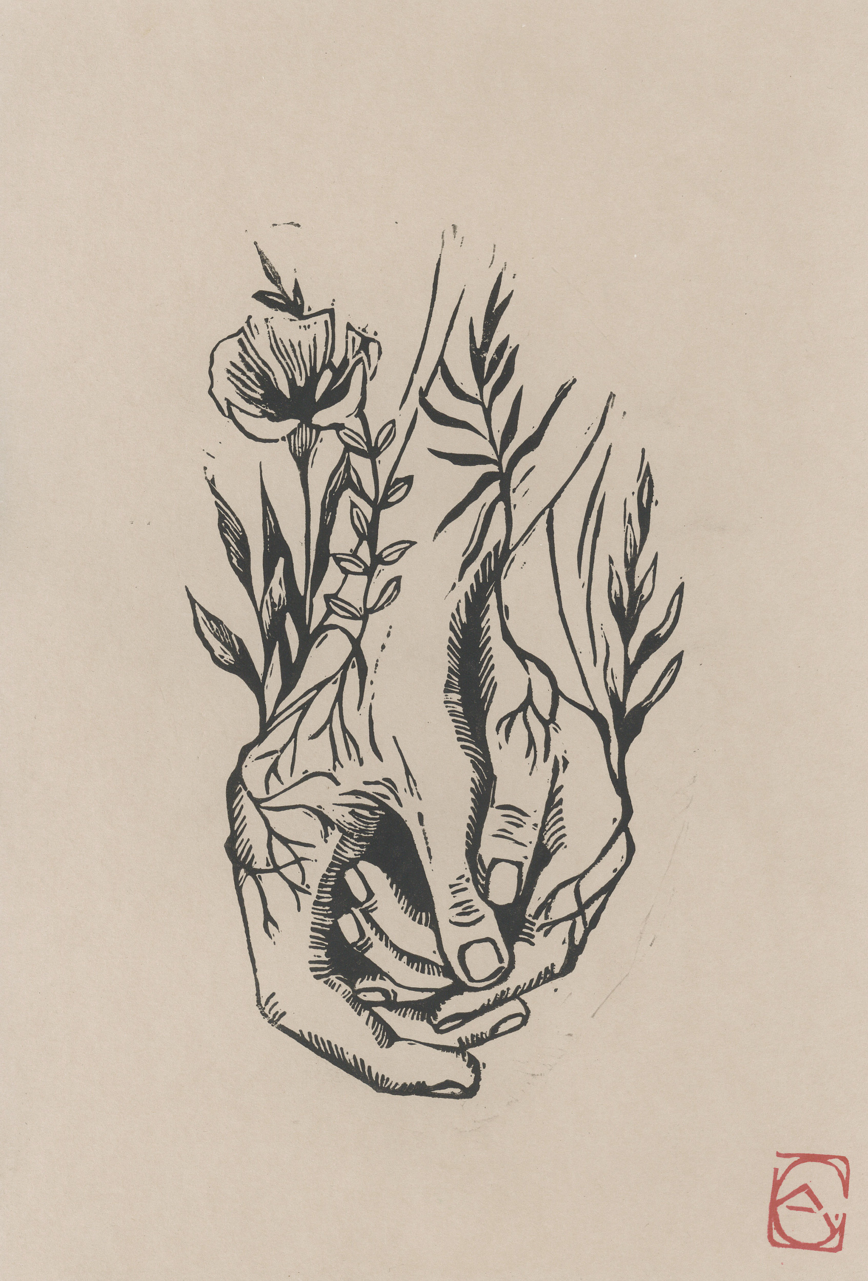 Linogravure , mains et fleurs A4